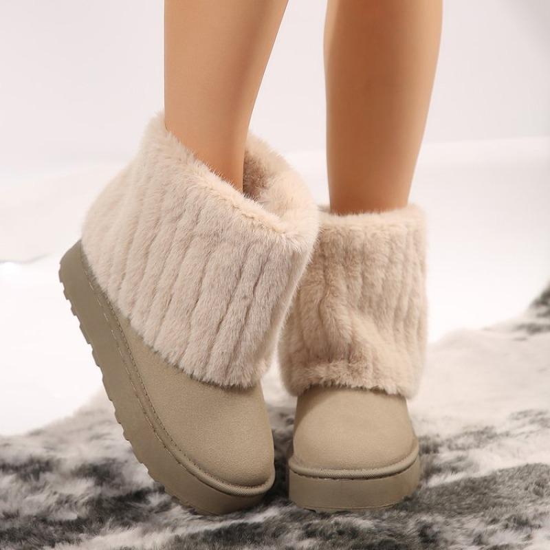 New Thick-soled Round-toe Flip-up Hairy Short Snow Boots Women's Warm Thickened Cotton Shoes