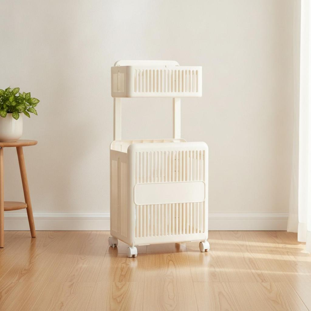 Slatted Laundry Storage Basket with Divider Standing Folding Two-Tier