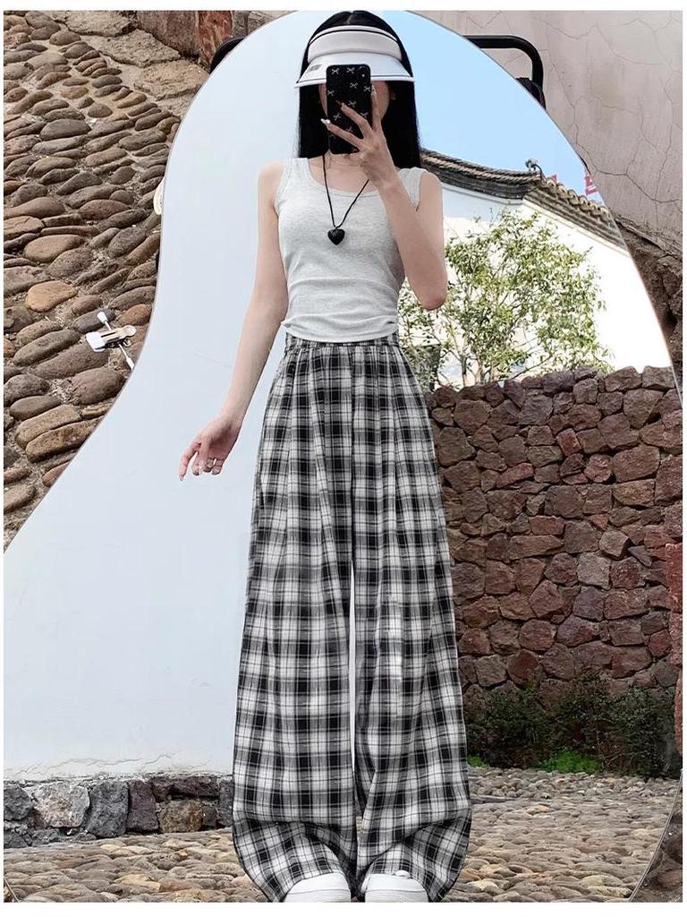 Women's Blue Ice Silk Plaid High-Waisted Wide-Leg Pants - Spring/Summer 2026 Collection