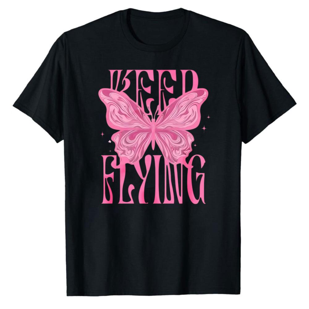 Aesthetic Pink Butterfly Keep Flying Letter Print Tshirt Women Cotton Tee Inspirational Quote Casual Y2K Streetwear Daily Tops