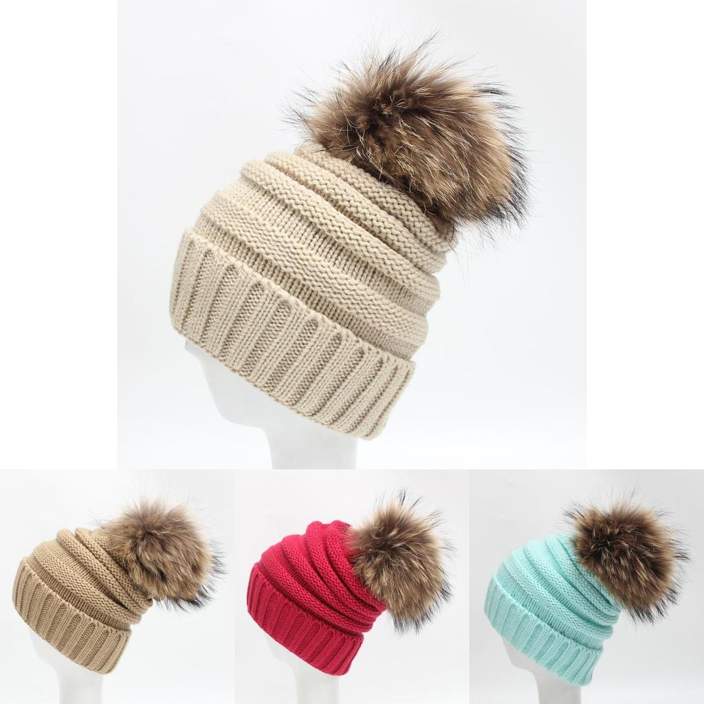 Unisex Knitted Beanie With Thickened Wool Pompom Striped Design For Winter Outdoor Warmth