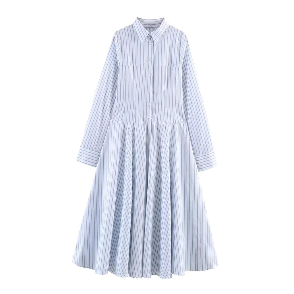 Women's New European and American Fashion Striped Shirt Long-sleeved Midi Dress