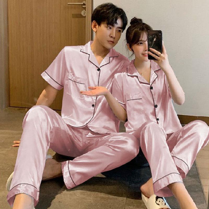 Paar Pyjama Set: Damen Eis-Seide Sommer & Herren Imitationsseide Langarm Homewear