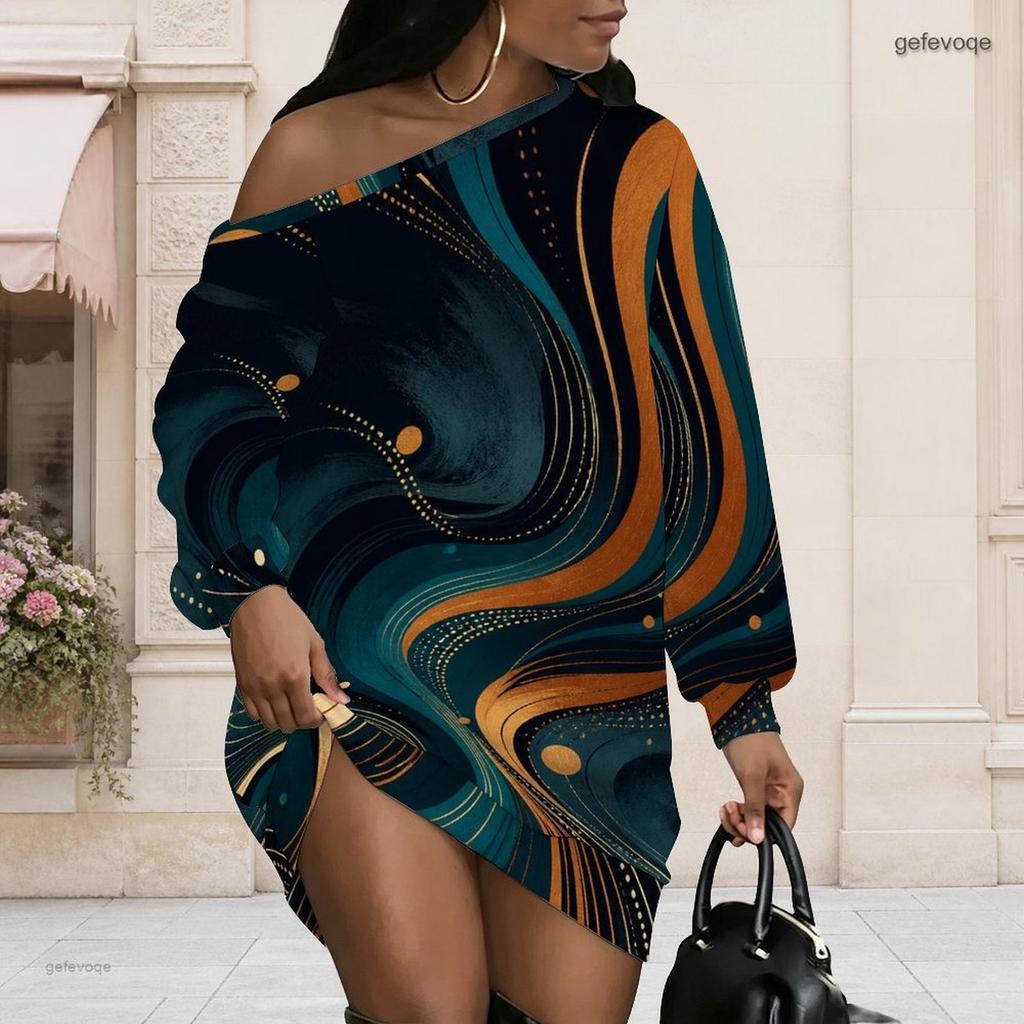 Women Plus Size One Shoulder Long Sleeve Galaxy Print Loose Tunic Dress