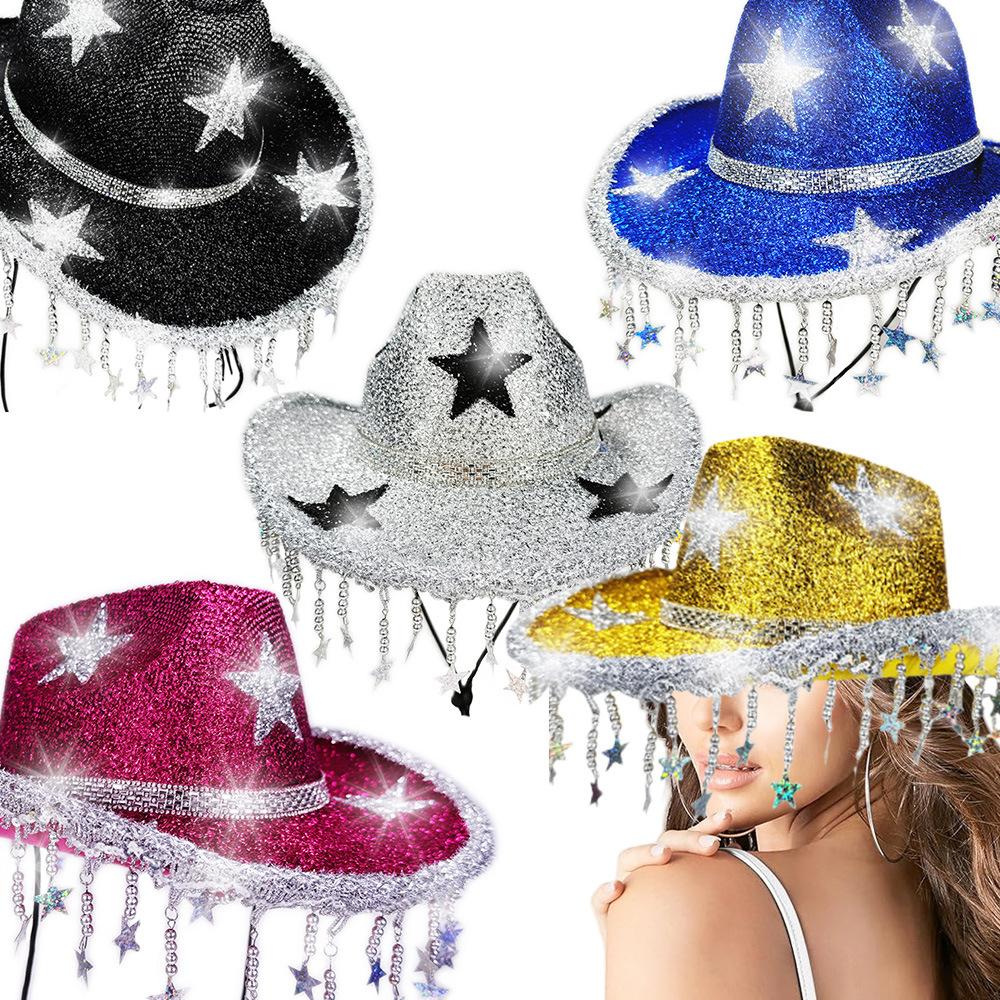 Star Tassel Hat Rose Red Western Cowboy Hat Star Party Hat Blue For Costume Event Festival Cowboy Theme