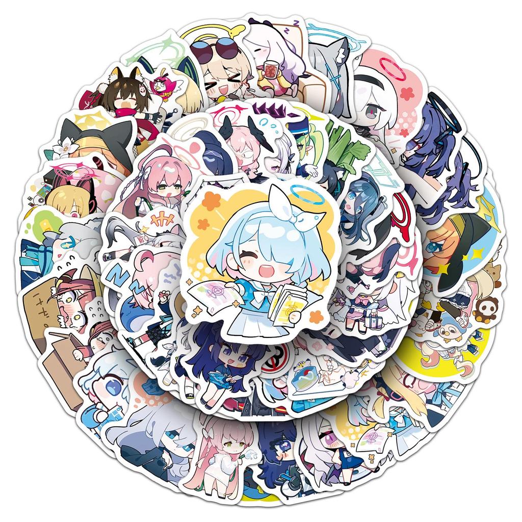 50 Q-Version Blue Archive Anime Sticker Sheets for Notebooks, Scooters, Speakers, and DIY Decor.