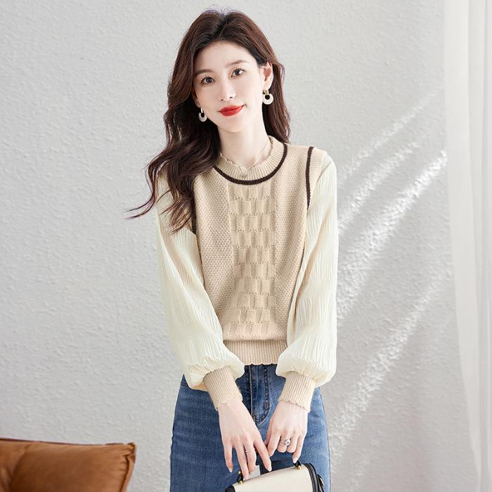 French Retro College Style Long-Sleeve Round Neck Spliced Two-Piece Shirt for Women
