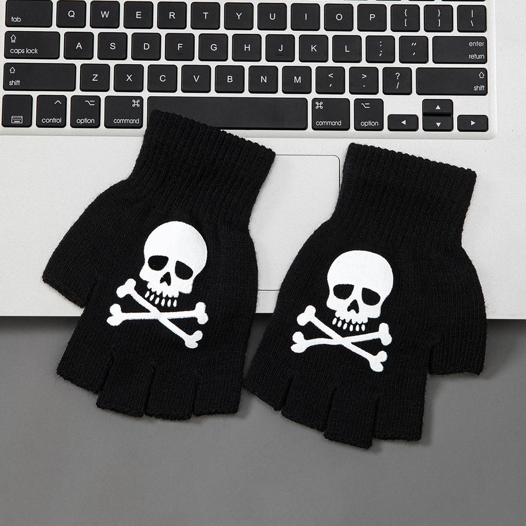 Boys' Halloween decorative warm gloves Fall and Winter split fingers open-fingered knit gloves Fashion skull hand pattern gloves