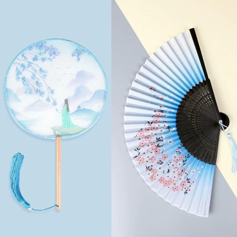 Archaistic Circular Fan Long Handle Tassel Kids Small Folding Fan Semi-Transparent Costume Women's Han Chinese Clothing Cheongsam Fan Summer Dance Fan