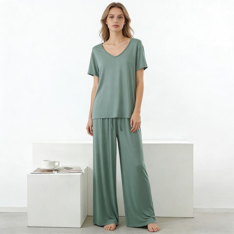 Modal Homewear 2pcs Pajamas Set Short Sleeve Tops and Trousers Solid Color Casual Loose Sleepwear Suit Plus Size Nightwear