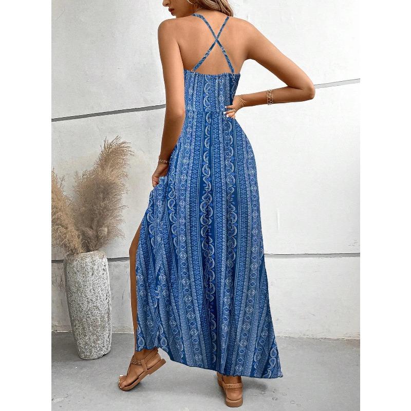 Women's Summer Ethnic Pattern Backless Split Thigh Dress Ladies Summer Clothes Fashion Frill Trim Long Dress Beach