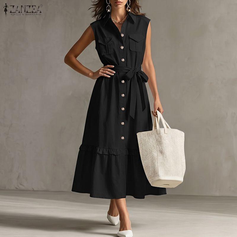ZANZEA Women Casual Turn Down Collar Loose Sleeveless Dress