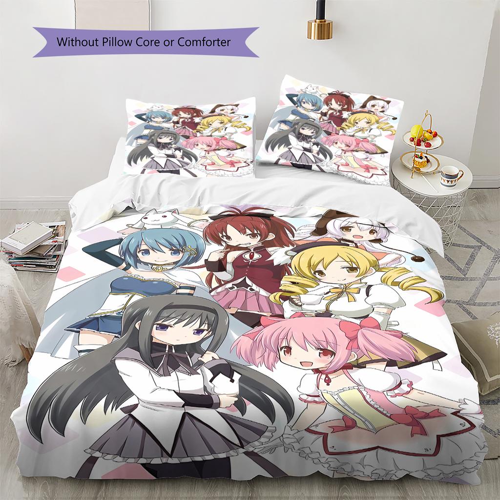 Puella Magi Madoka Magica Vzorované povlečení, Sada přikrývek Povlak na přikrývku Povlak na polštář Domácí dárek k narozeninám (1 * povlak na peřinu + 2 * povlak na polštář, bez jádra)