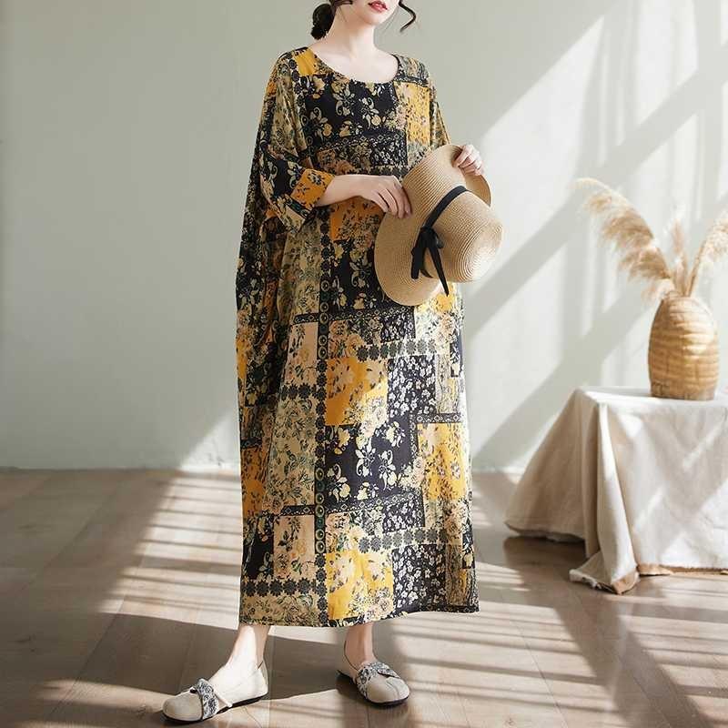 

Длинное женское платье из хлопка и льна с цветочным принтом One size оранжевый