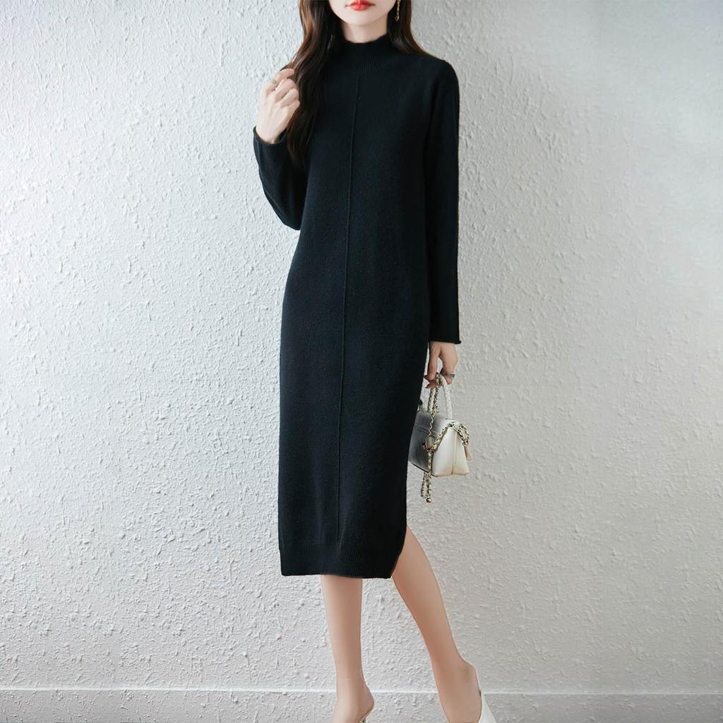 2025 Autumn/Winter Women's Wool Sweater Dress: Half-High Collar, Long Sleeve, Solid Color, Loose Fit