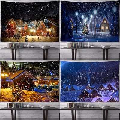 Snowy Night Scene Tapestry Psychedelic Forest House Christmas Wall Hanging Illustration Home Living Room