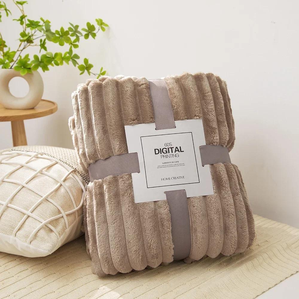 Wide Ribbed Flannel Fleece Blanket 300Gsm Ultra Soft Plush Throw Blanket Microfiber Cozy Warm Blanket For Couch Bed Sofa Travel