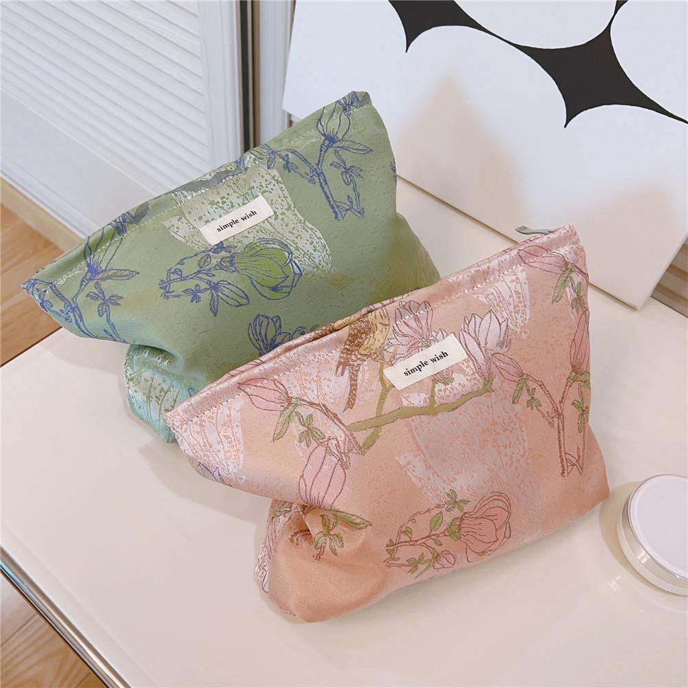 National Style Bird Flower Pattern Makeup Bag Canvas Zipper Purse Portable Cosmetic Pouch Organizer Bag