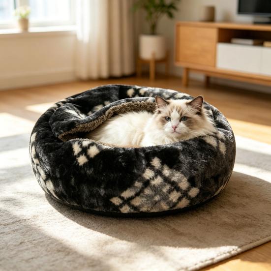Plüsch-Katzenbett mit Kapuze, halbgeschlossenes beruhigendes Nest, selbstwärmende Höhle, gemütliches Bett für Wohnungskatzen oder kleine Hunde, abnehmbarer waschbarer Bezug mit