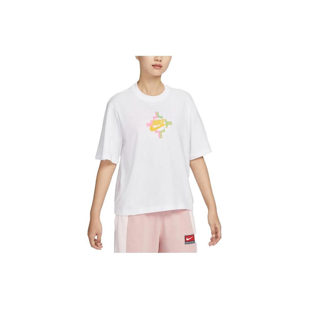Nike Pattern Print Logo Crew Neck Short Sleeve T-Shirt Women Tops White FB8210-100