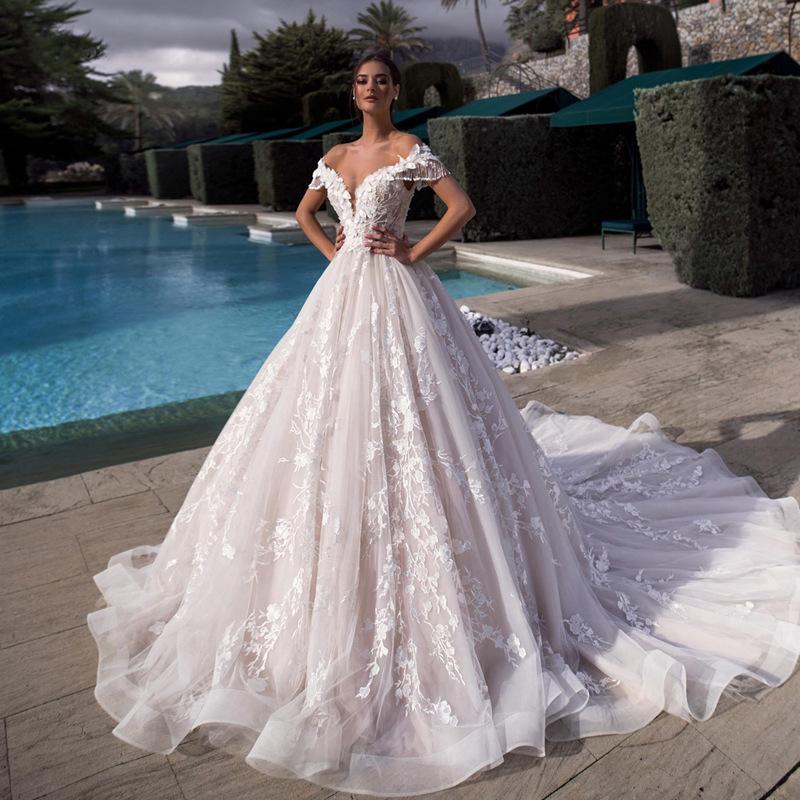 One-Shoulder V-Neck Wedding Dress with 3D