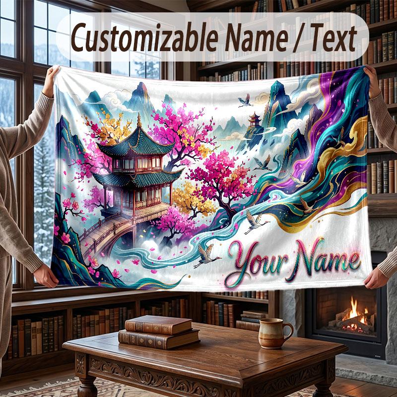 Mountain Landscape Theme Throw Blanket Custom Name Text Personalized Blanket Soft Cozy Blanket for Home Sofa Bed