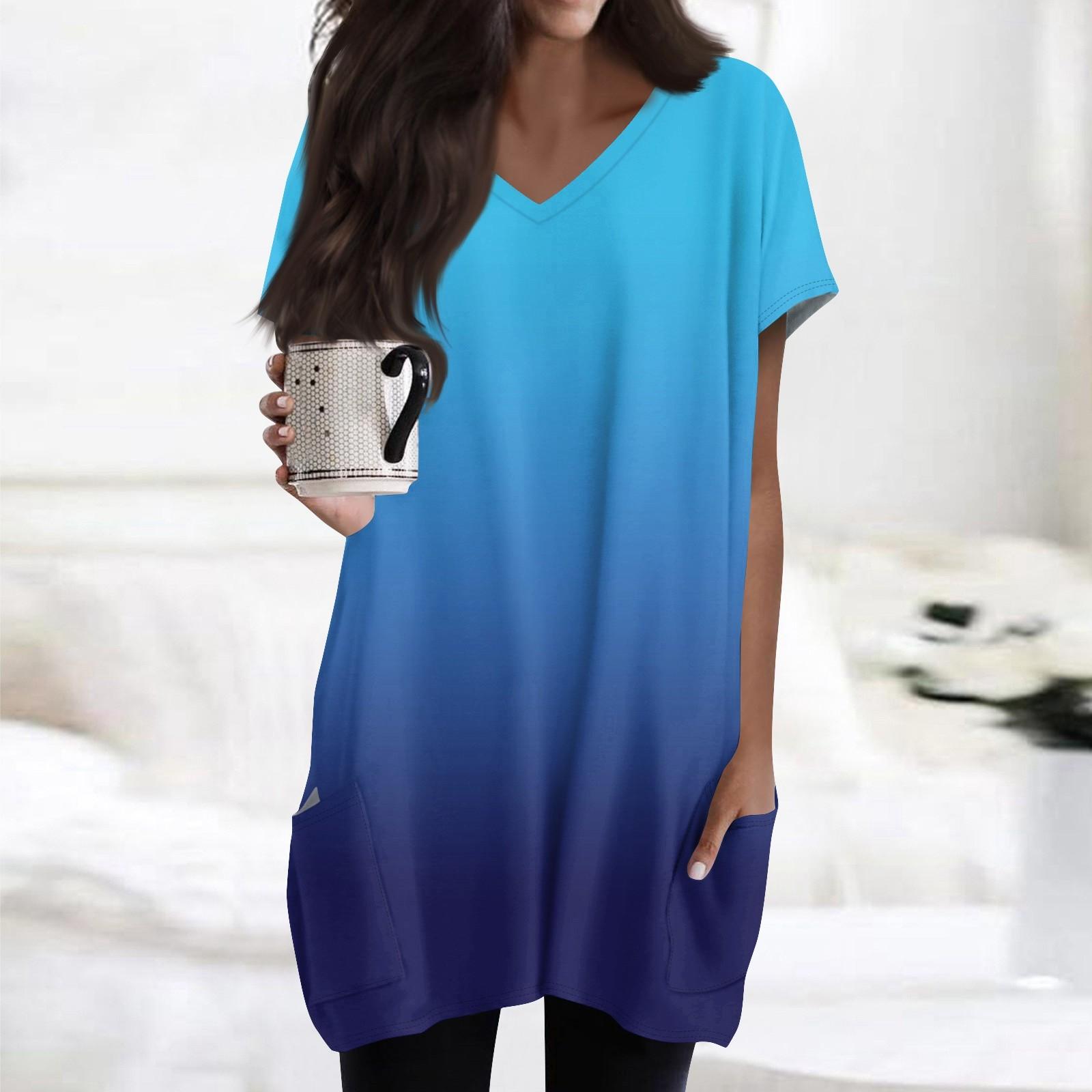 

Женские топы с V-образным вырезом, блузки с коротким рукавом, повседневные рубашки средней длины, модные туники с принтом и карманами S синий