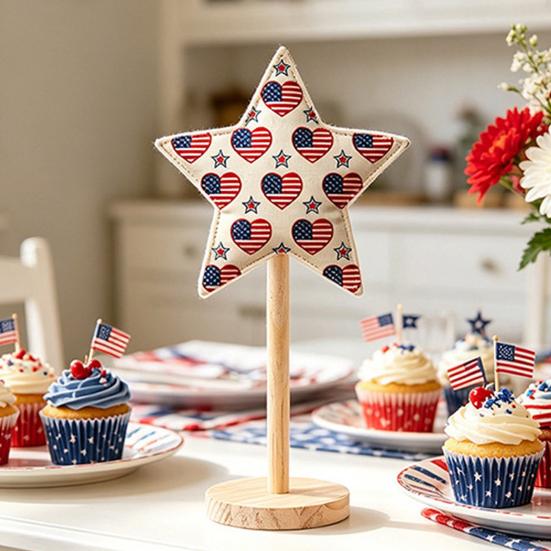 6 Pcs 4th of July Star Ornaments for Tiered Tray Decor, Patriotic Stuffed Fabric Star with Stand, American Blue