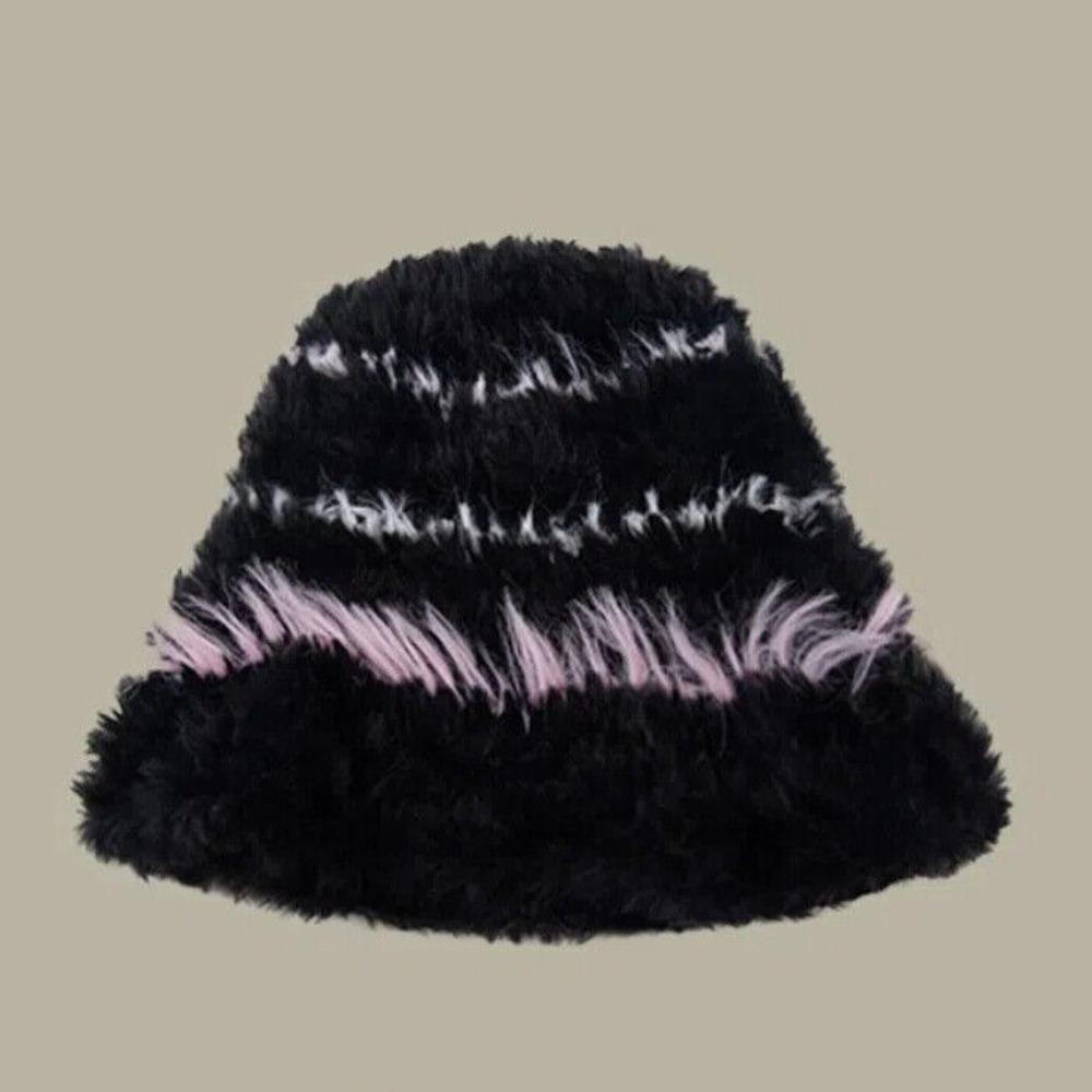 

Вязаная шапка-панама, плюшевая шерстяная шапка, милая панама из искусственного меха, зимняя чёрный