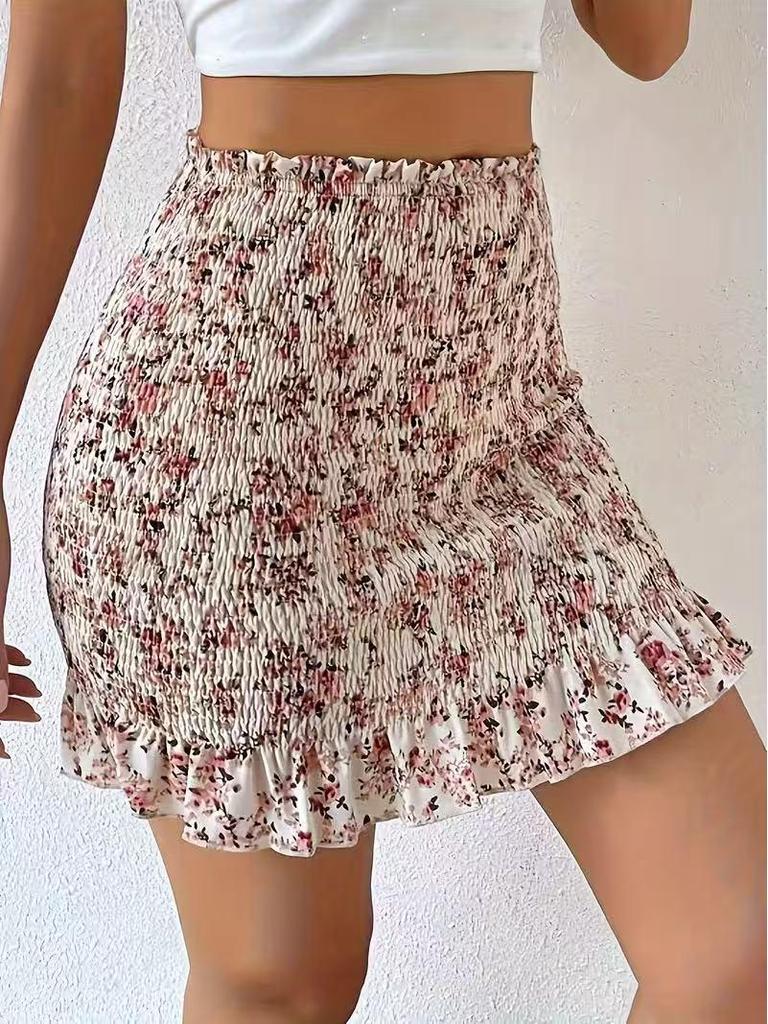 European & American Trendy Printed Waist-Cinching Shirred Slim-Fit Women's Summer Mini Skirt