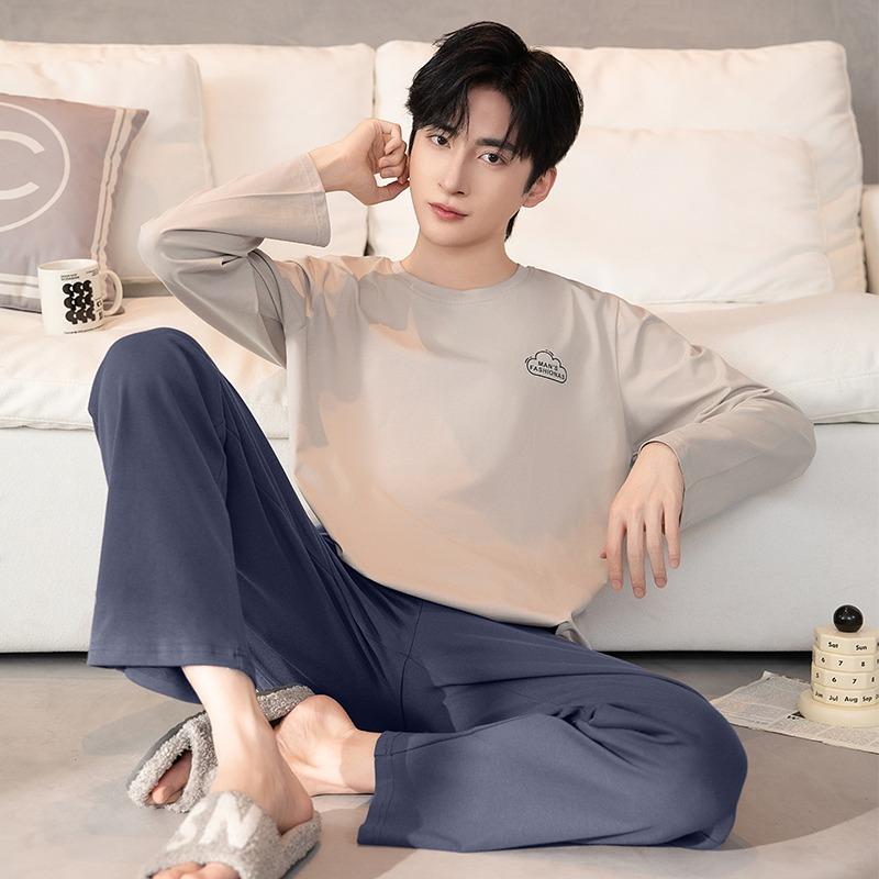Bumbac Pulover Bărbați Pijamale Toamnă Primăvară Mâneci Lungi Articole de Noapte Set Pijama 2 Piese Bărbați