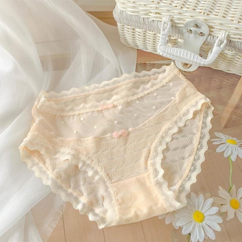 Mid Waist Underwear for Women Bow Mesh Briefs Summer Lace Seamless Panties Female