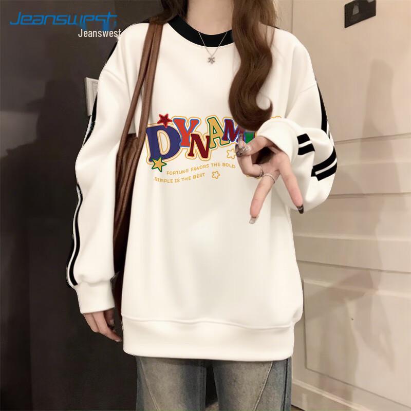 JEANSWEST Women s Retro Spliced Stripe Loose Round Neck Sweatshirt M
