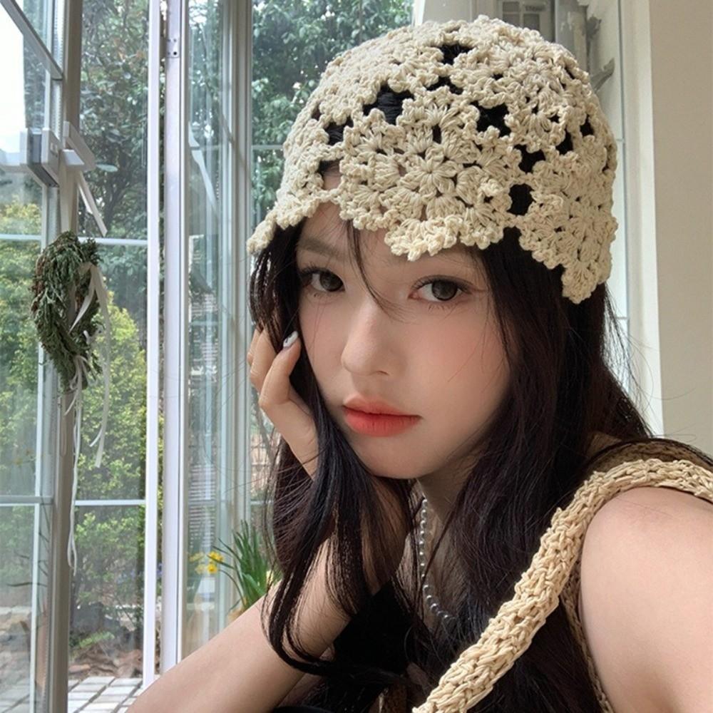 Handmade Knit Skullies Caps Solid Color Beanies Cap Ethnic Style Crochet Flower Hat Ladies