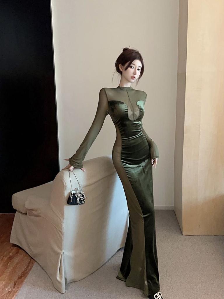 Evropská americká móda Klasické Dámské Temperament Kulatý výstřih Síťovina Dlouhý rukáv Sametové šaty Rybí ocas Dlouhá sukně