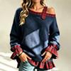 Women's One-Shoulder Plaid Patchwork Cuff and Hem Loose Fit Two-Piece Top