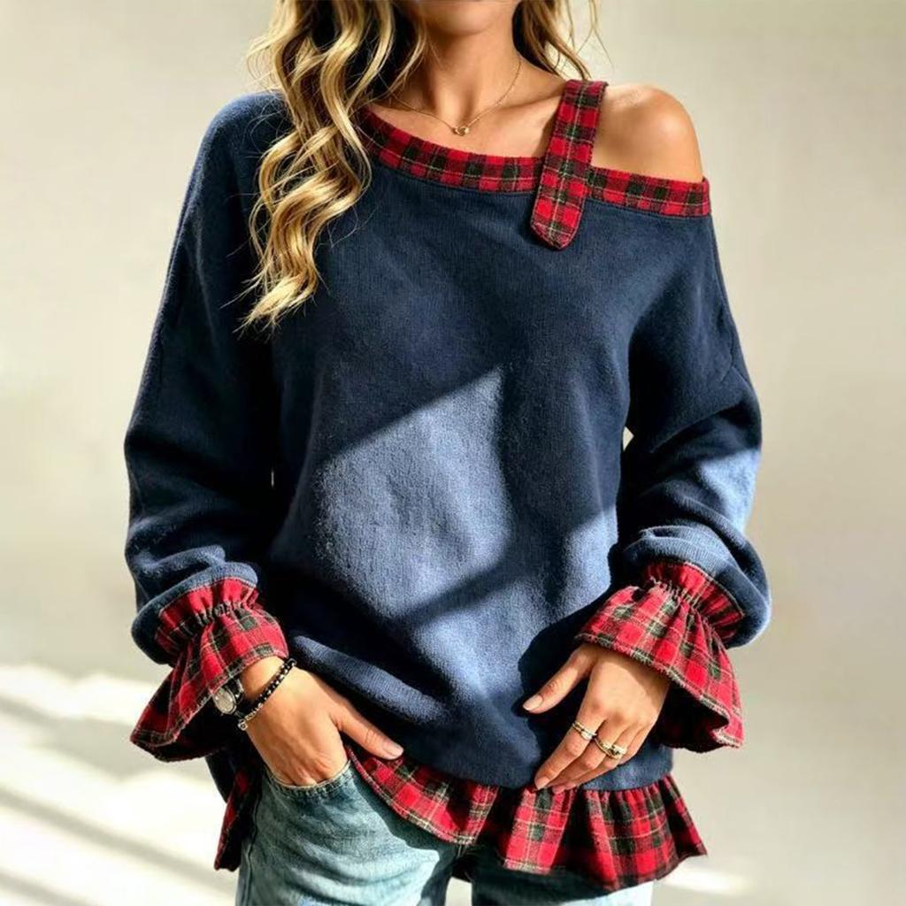 Women's One-Shoulder Plaid Patchwork Cuff and Hem Loose Fit Two-Piece Top