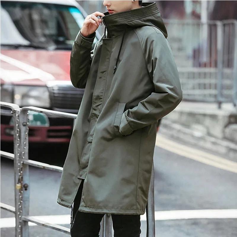 Herrenmode Kapuzen-Windbreaker Schwarzer Übermantel Freizeitjacken Frühling Herbst Langer Trenchcoat