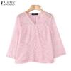 ZANZEA Women Casual V-Neck 3/4 Sleeve Lace Patchwork Blouse