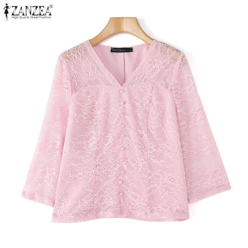 ZANZEA Women Casual V-Neck 3/4 Sleeve Lace Patchwork Blouse