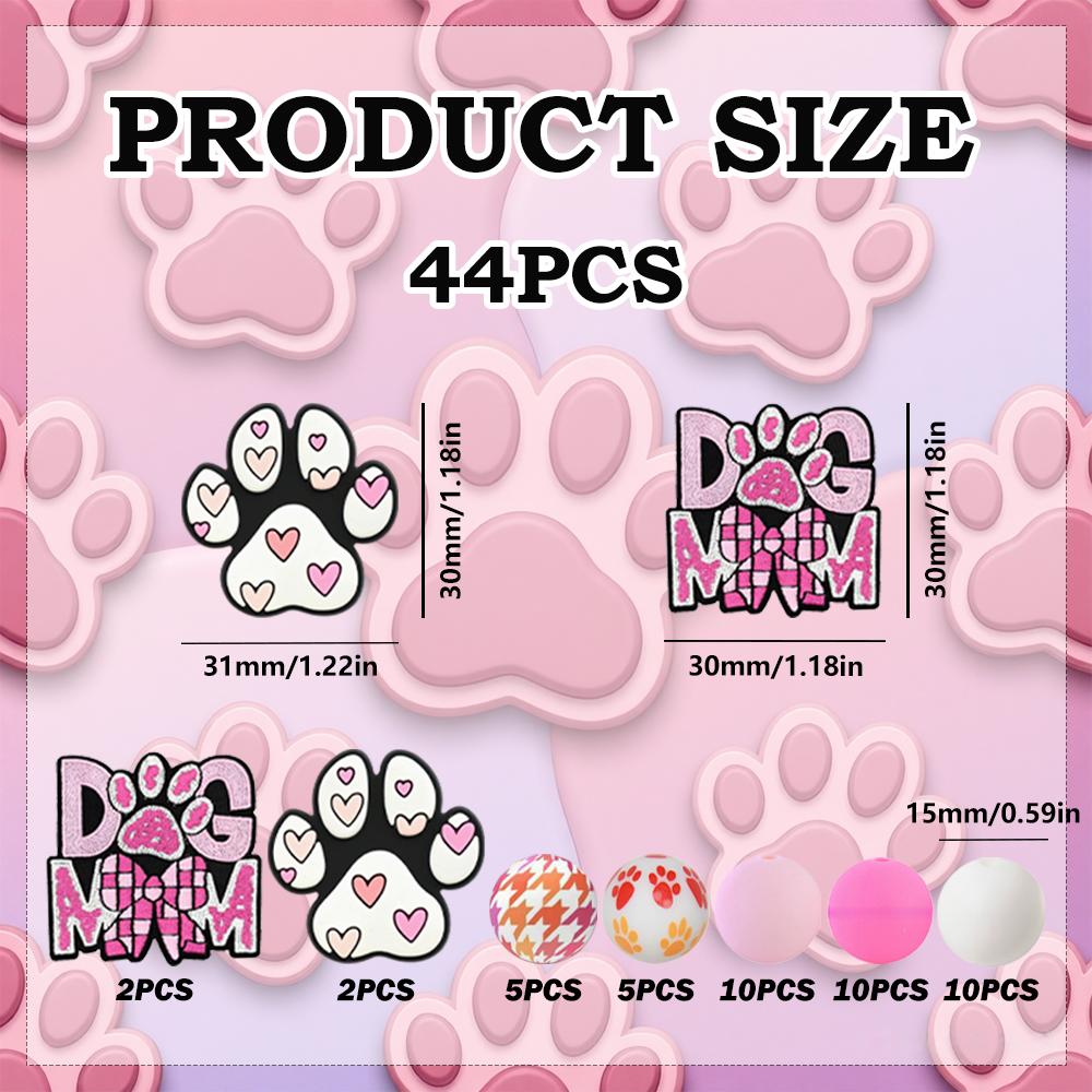 

44PCS pink dog paw footprint silicone bead set, perfect for DIY handmade crafts such as keychains, necklaces, bracelets, etc