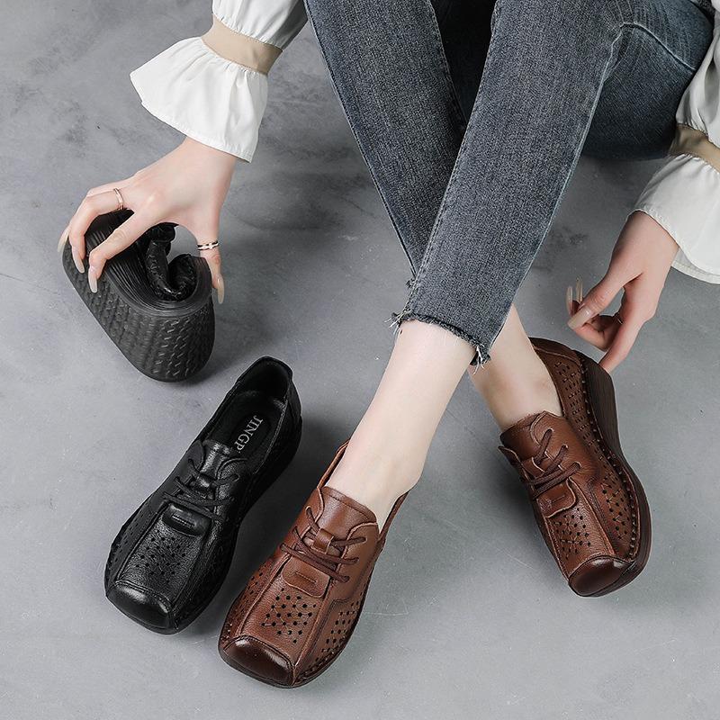 Full cowhide wedge hole shoes summer new muffin platform sandals women's beef tendon soft sole retro mother shoes