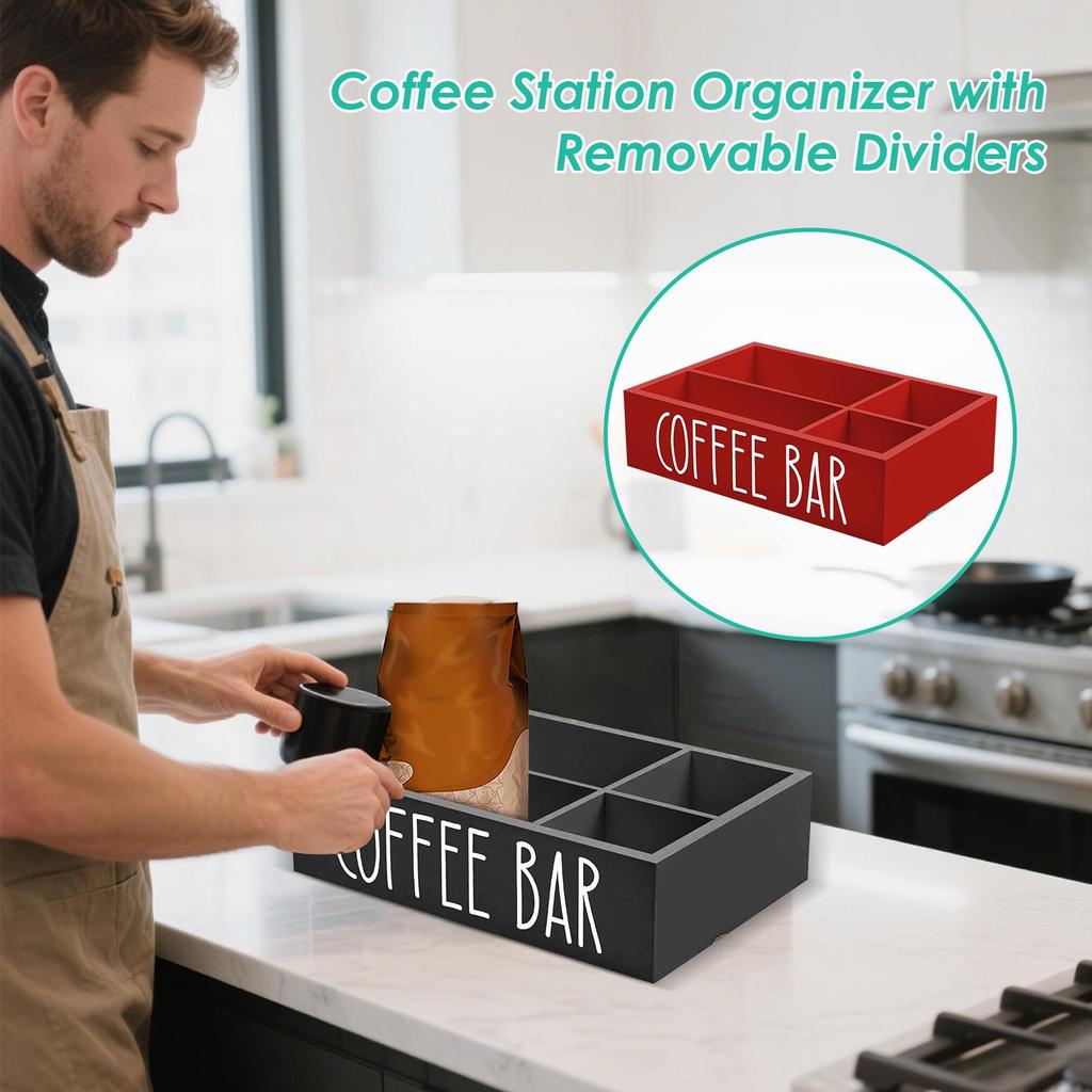 Wooden Coffee Bar Organizer 4-Grid Coffee Station Countertop Storage Box With Removable Dividers Kitchen Tea Cup Container