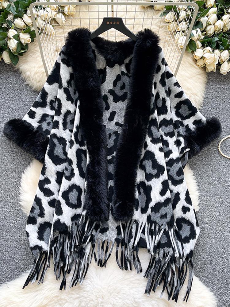 Autumn Winter Vintage Outerwear with Fur Collar Knitted Cardigan Tops for Women Loose Elegant Plaid Shawl Cloak Coat L66