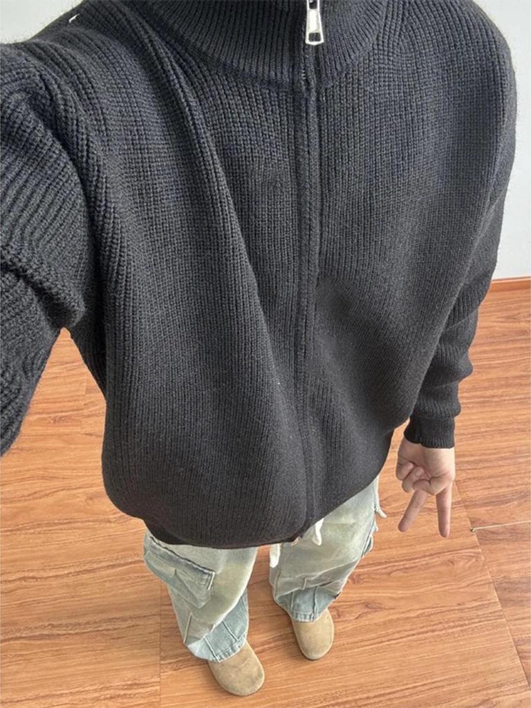 Men's Gray Knit Cardigan: Autumn Relaxed Fit Stand-Up Collar Jacket