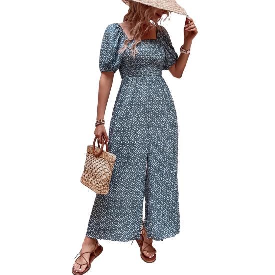Women's Square Neck Jumpsuit Floral Puff Short Sleeve Wide Leg Pants Romper Summer Casual