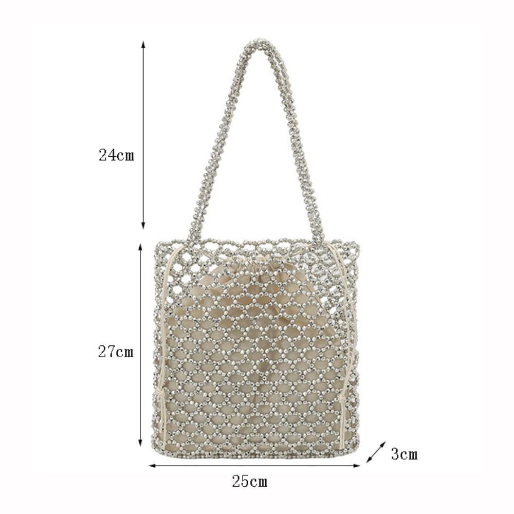 Hollow Out Design Pearl Beaded Tote Bag No Zipper with Inner Bag Square Handbag Beaded Texture Glittering Crystals PVC Beach Bag
