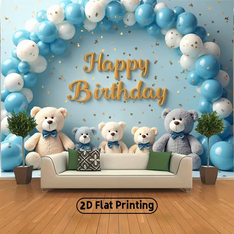 

2D Cute Teddy Bear Backdrop, Happy Birthday Blue Balloons Party Background 47.2x31.5inch/120*80cm