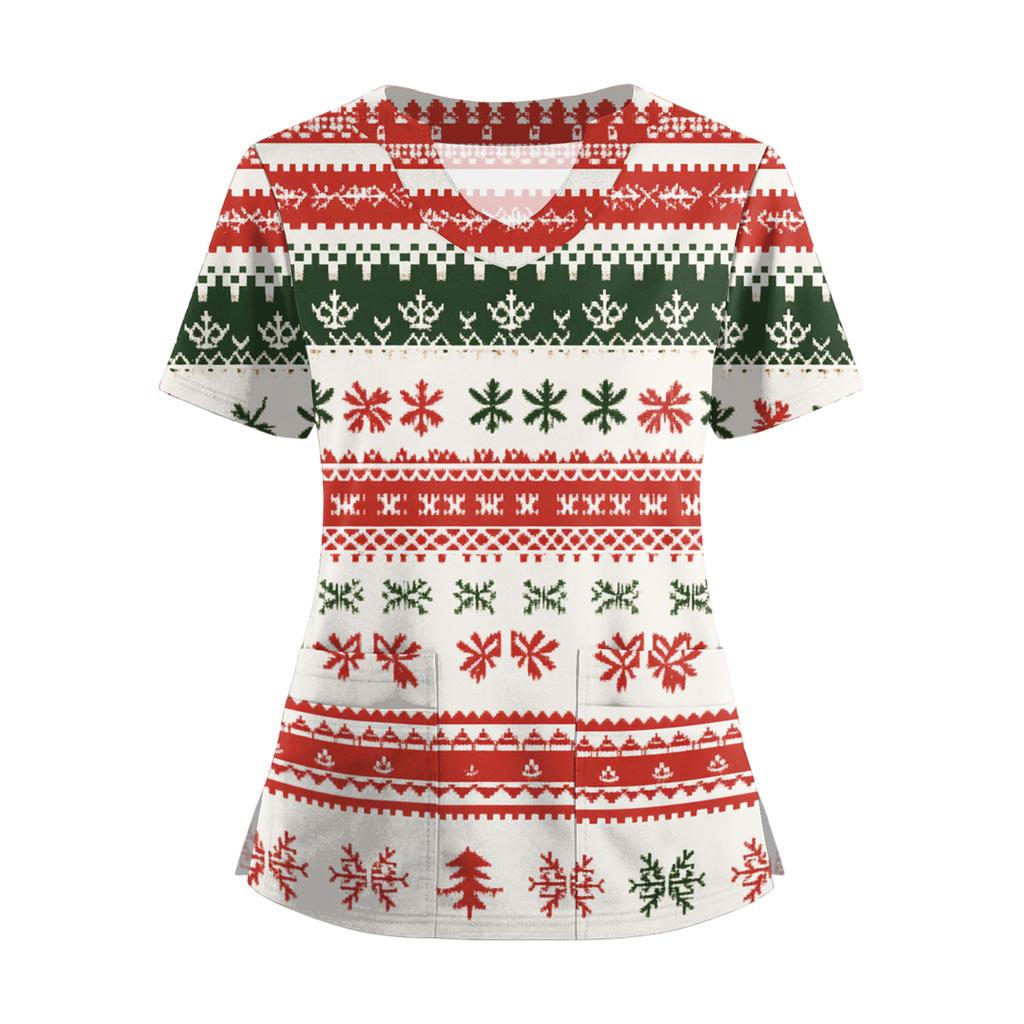 Women's Short Sleeved Christmas Printed V-neck Buttonable Side Slit Top T-shirt