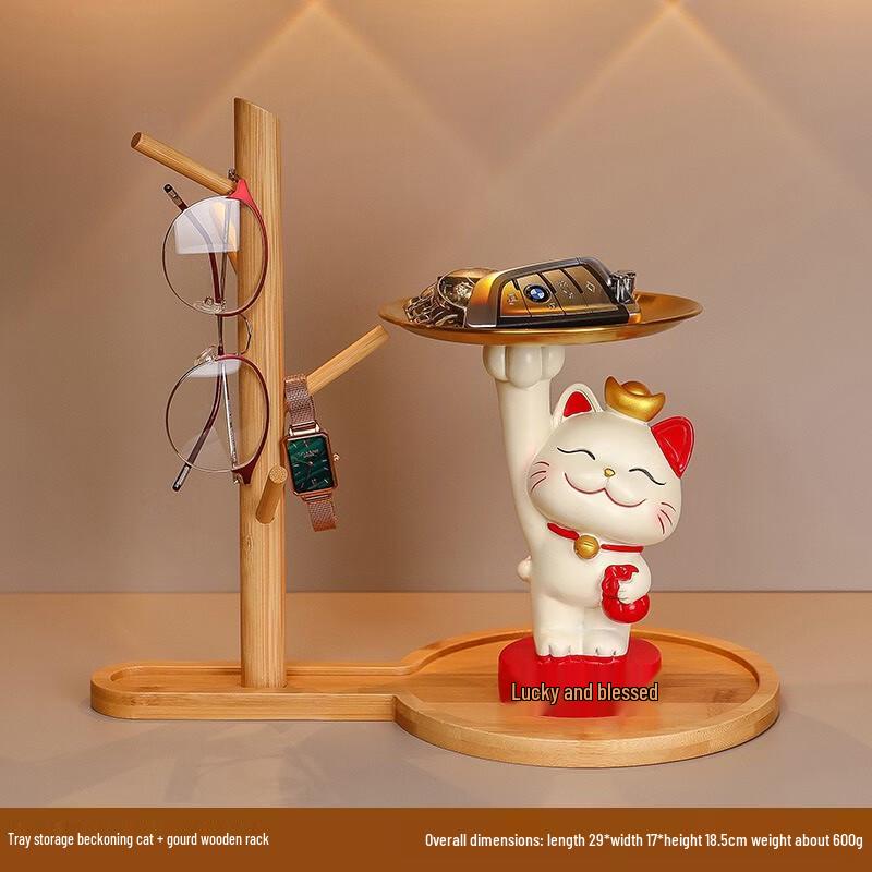Lucky Cat Entrance Ornament with Tray and Gourd Stand